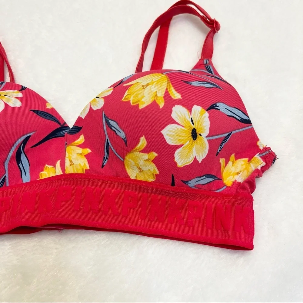 PINK Victorias Secret Coral Orange Yellow Floral Print Bra Cup Size 32A
